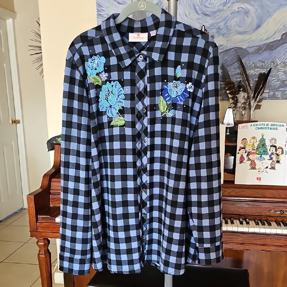 Quacker Factory Womens Purple Checkered Shirt with Floral Embroidery - Picture 1 of 10